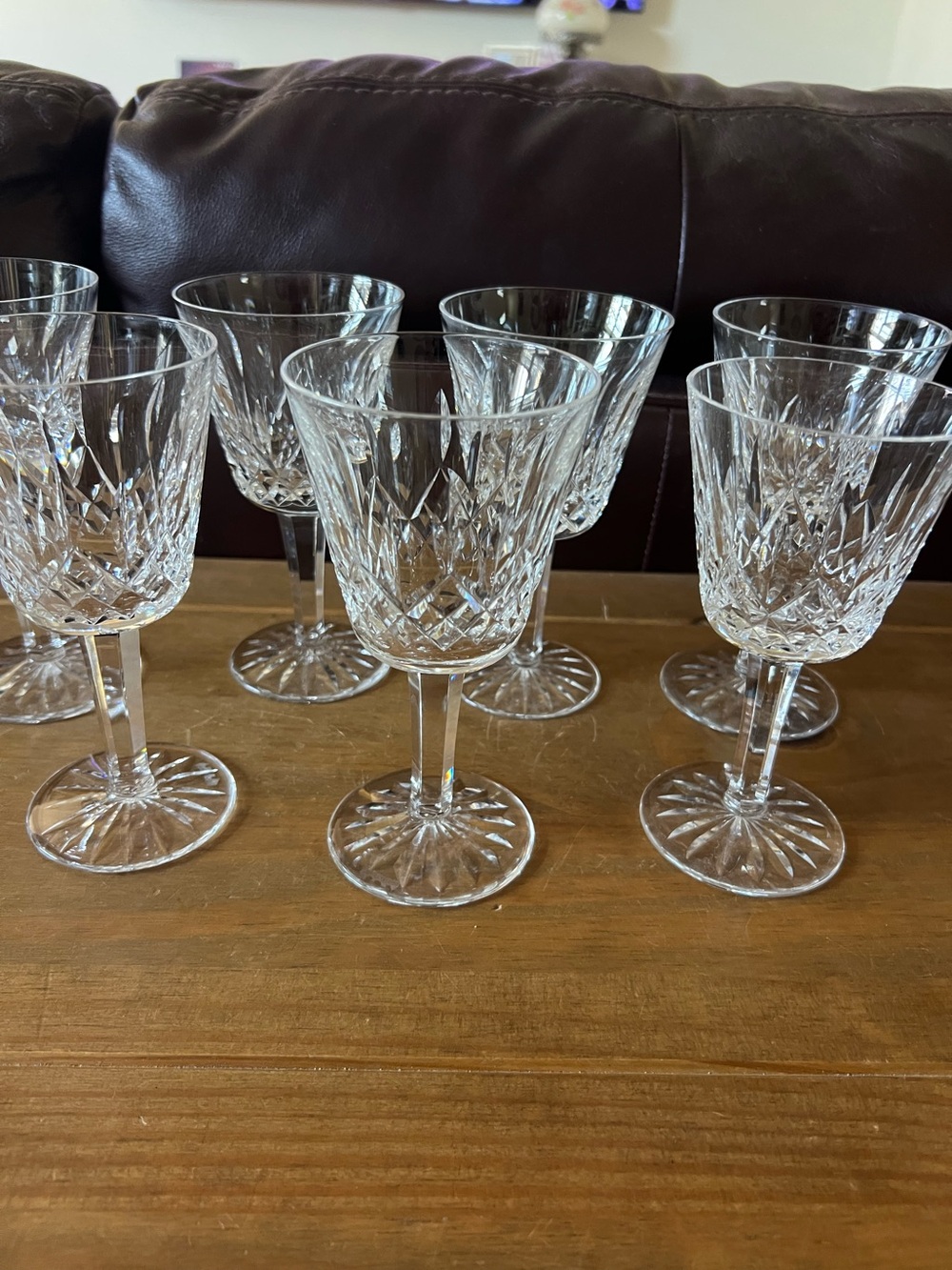 Waterford Crystal wine goblets. Set of 7 pieces. 5.8”tall and 3” across top.